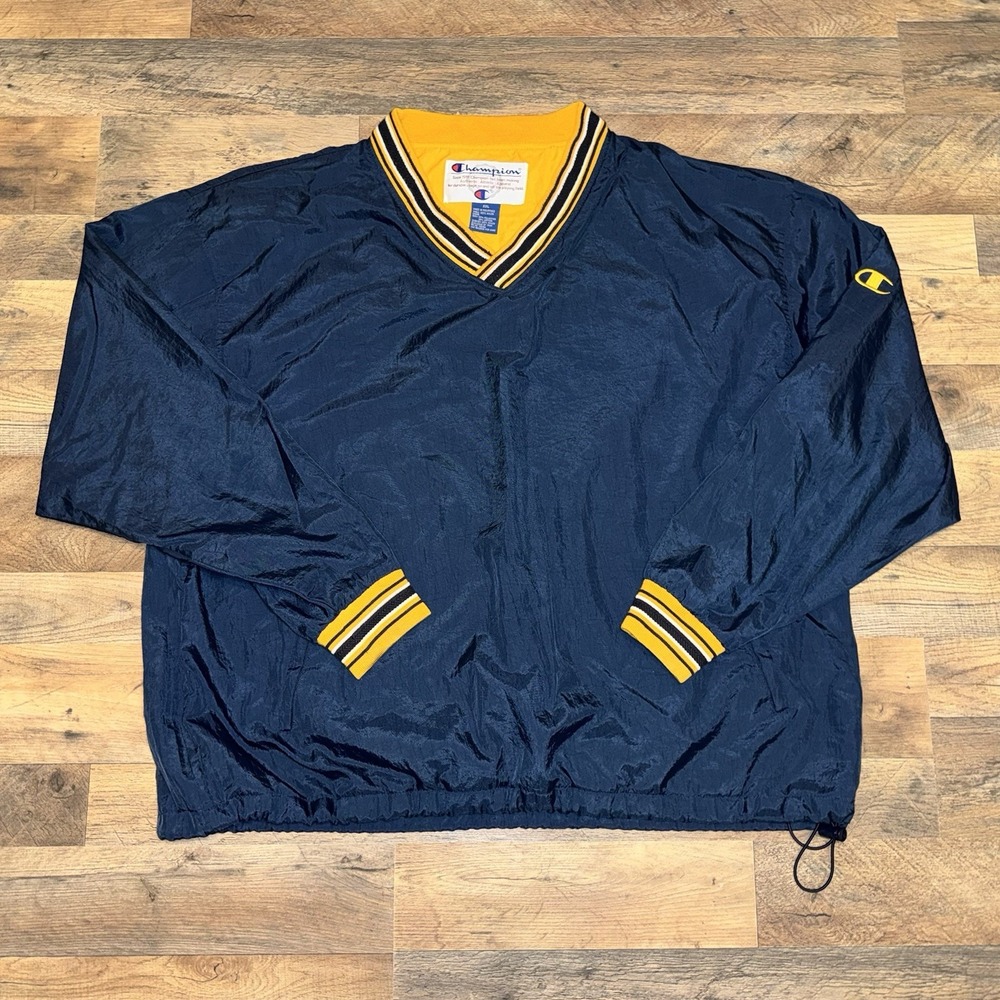 VTG Champion Pullover Windbreaker Mens XXL‎ Blue/Yellow V Neck Nylon Zip Pockets